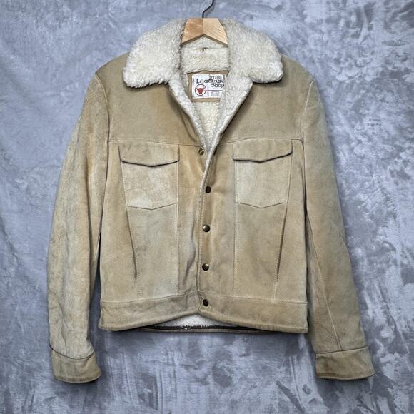 Vintage The Leather Shop Jacket Mens 38 Beige Suede Sherpa Lined Western Bomber
